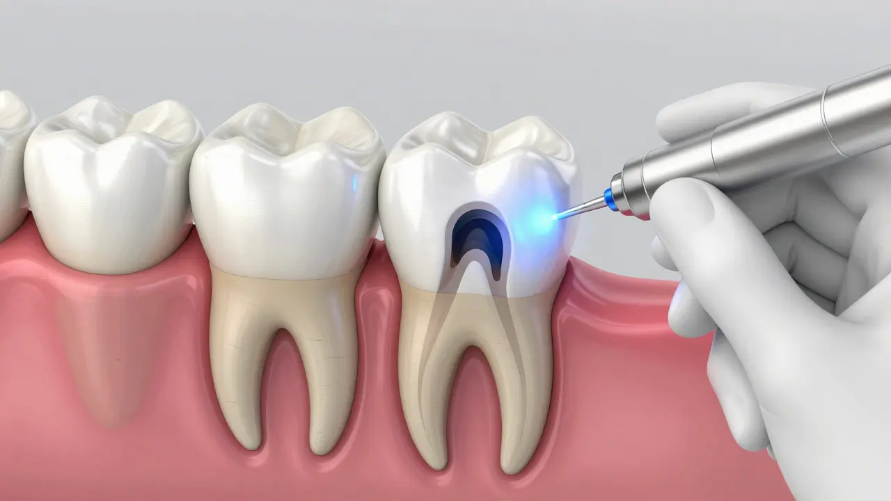 Ilustrace průřezu zuby odhalující skrytý kaz a laserovou diagnostiku.
