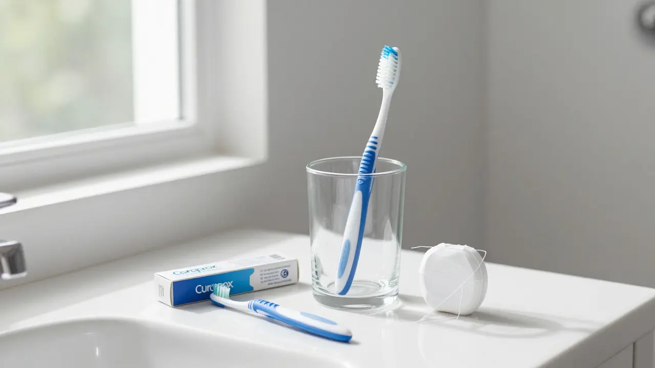 Přehled zubní hygieny s kartáčkem a mezizubními nástroji