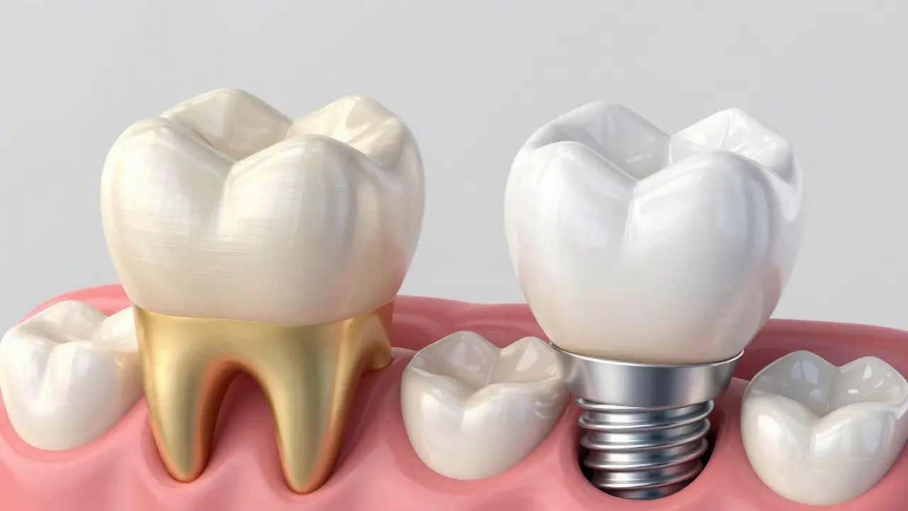 Srovnání zirkonové koruny na implantátu a tradičního mostu s přírodními zuby.