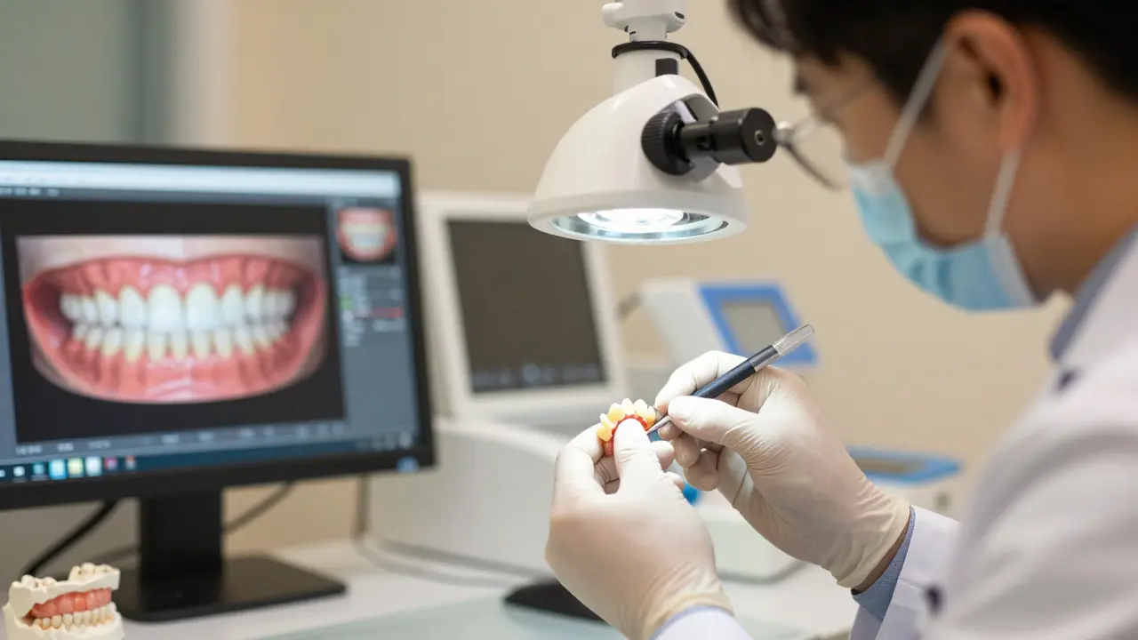 Technik kontroluje keramickou korunku v laboratoři