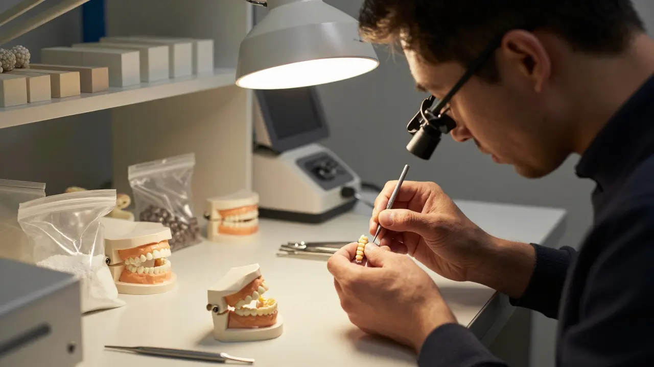 Technik pracuje na keramické koruně ve zubní laboratoři