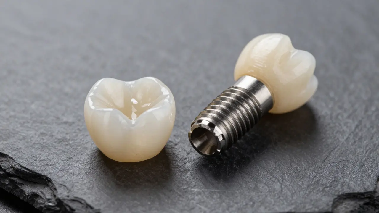 Titánový implantát a zirkonová koruna na tmavém podkladu