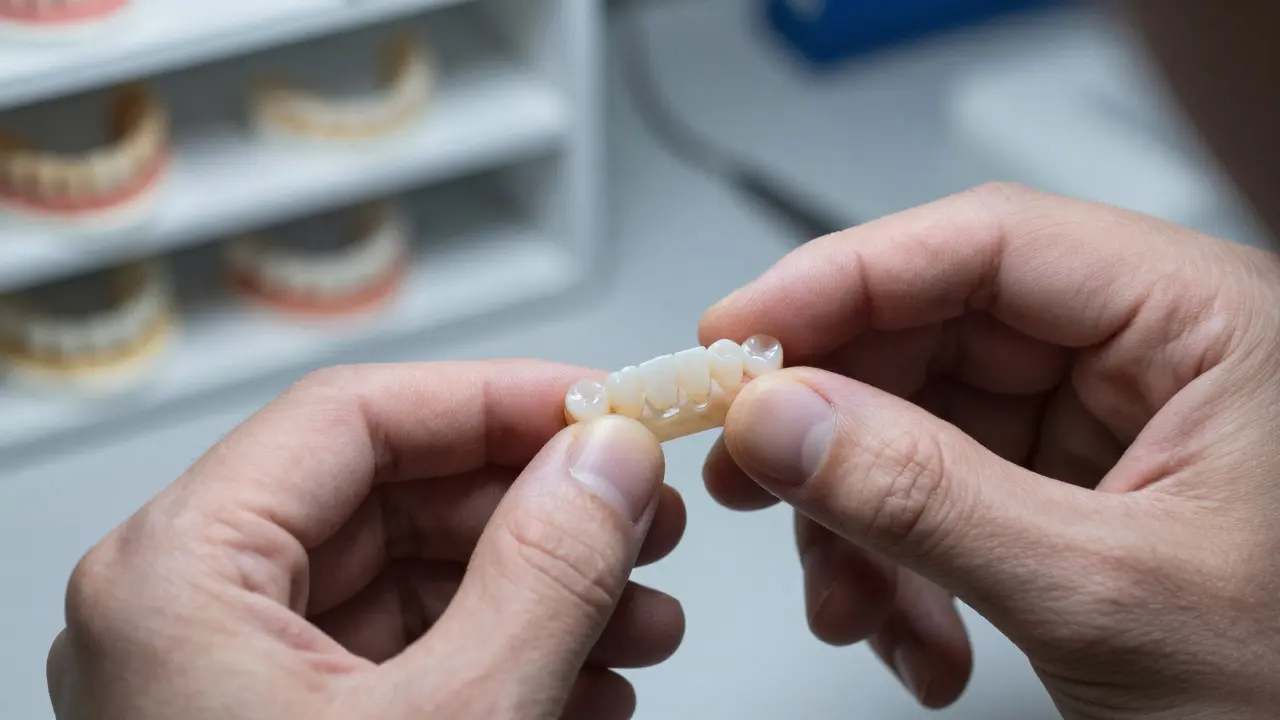 Zubní technik připravuje porcelánový plátek v laboratoři