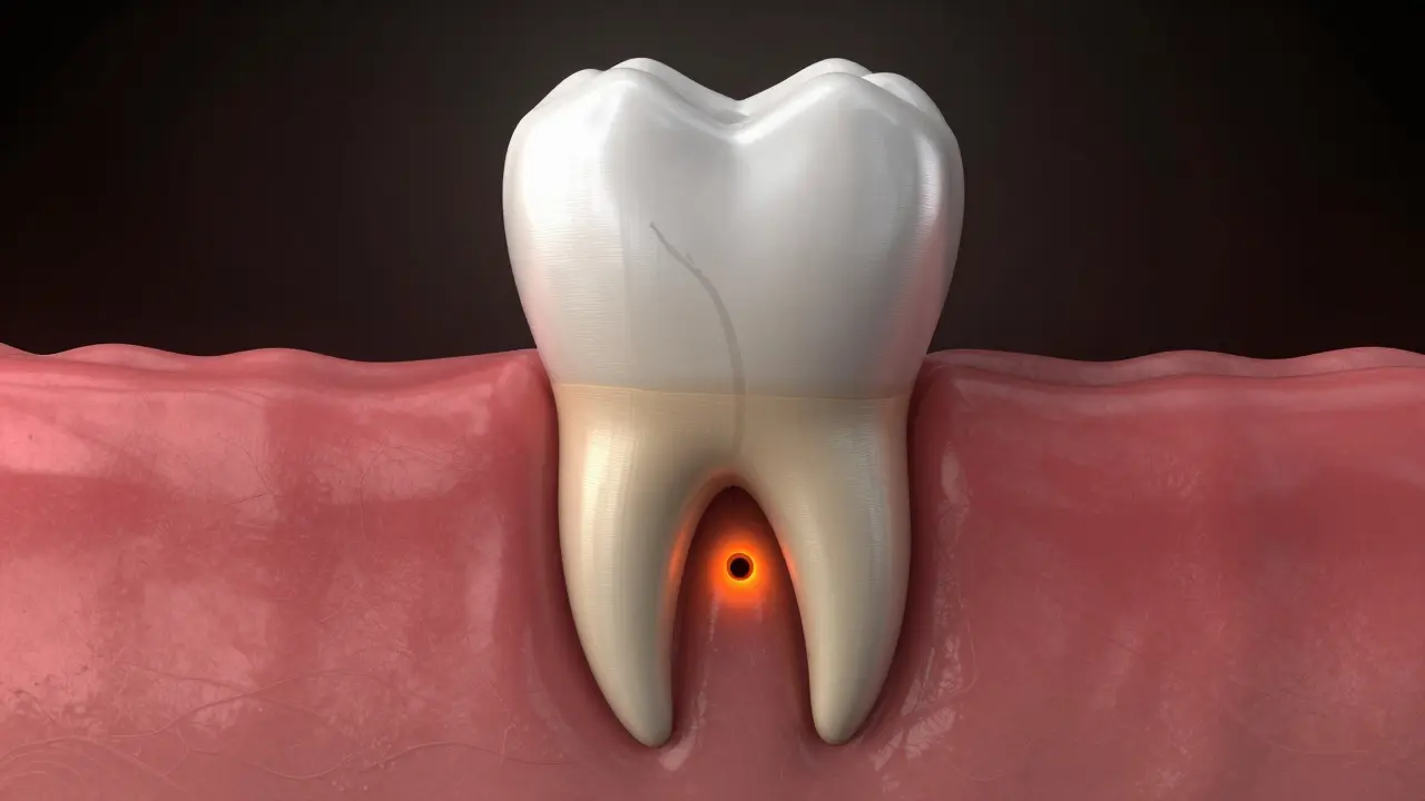 3D vizualizace odumřelého zubního nervu s abscesem na špičce kořene v kosti