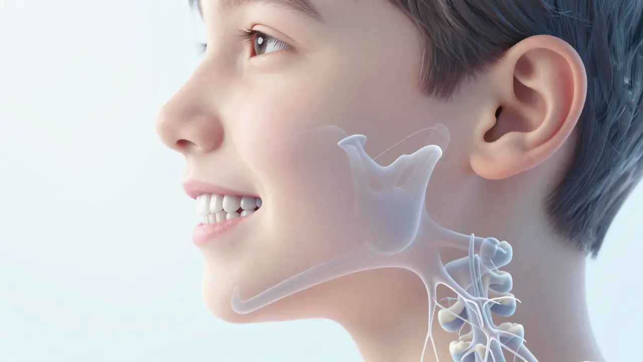 Anatomická ilustrace dětské čelisti ukazující kořeny zubů a kostěnou strukturu