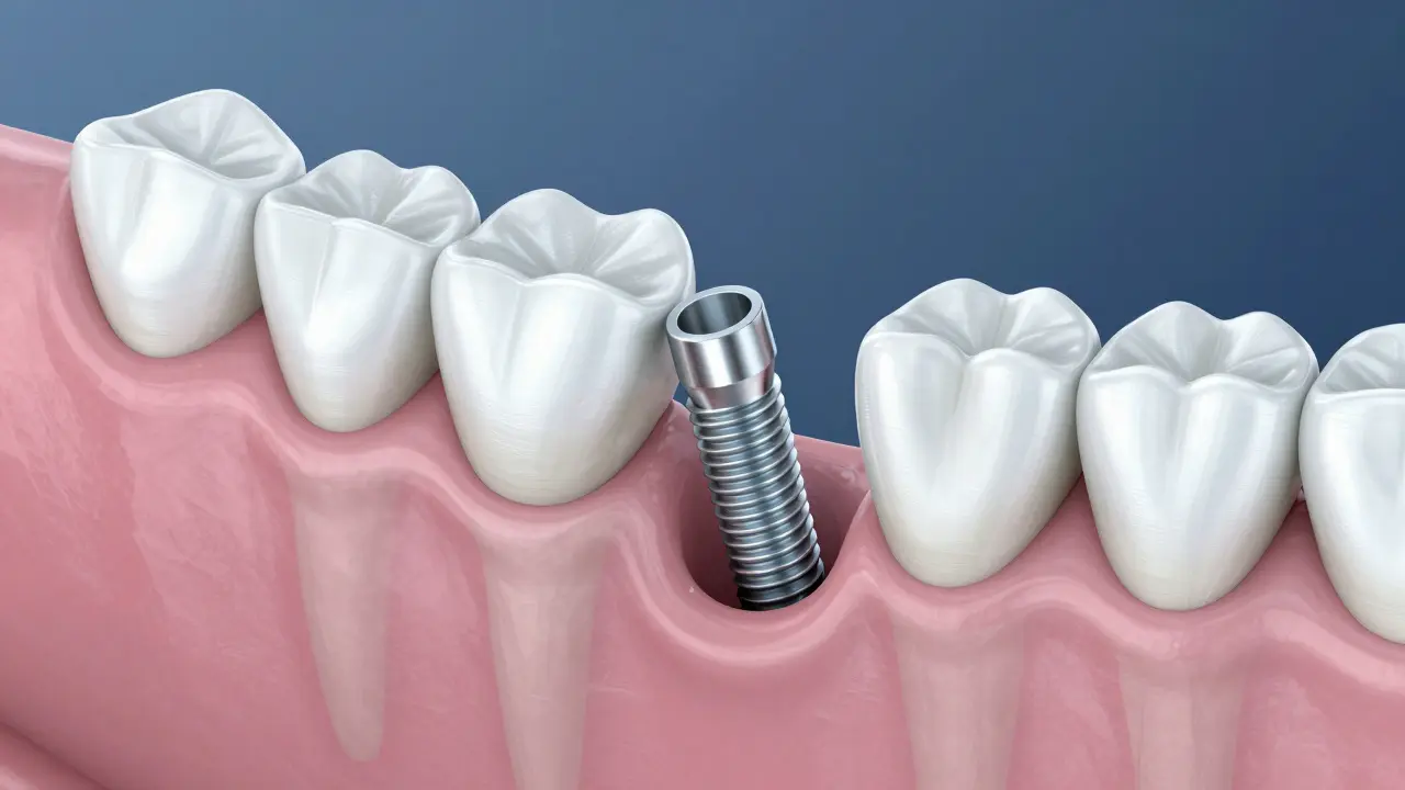Anatomický průřez ukazující integraci zubního implantátu