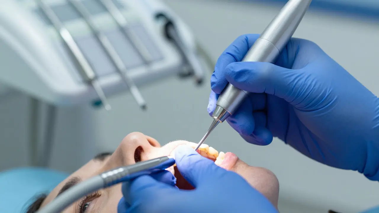 Detailní záběr na profesionální čištění zubů ultrazvukovým škrabkou