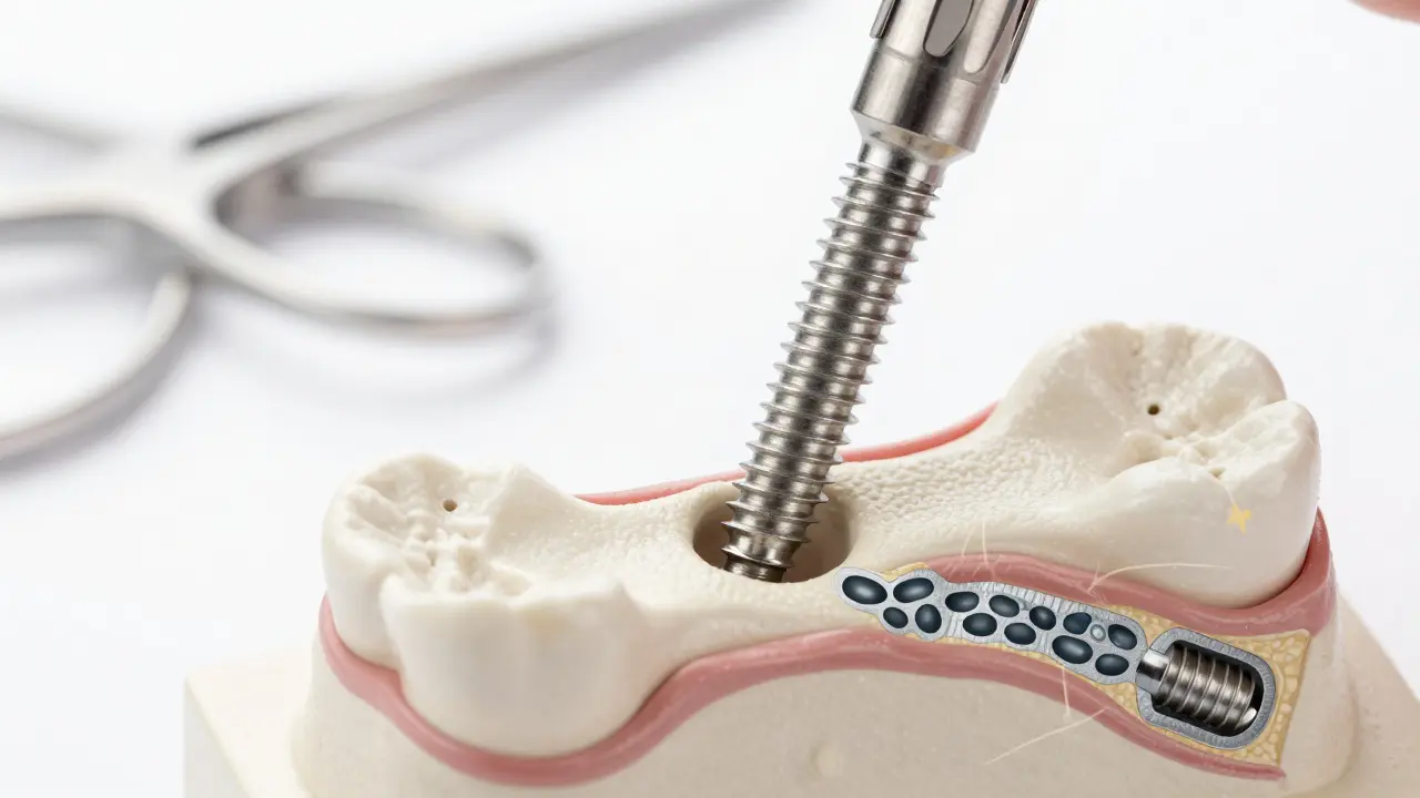 Detailní záběr titanového implantátu v kosti čelisti
