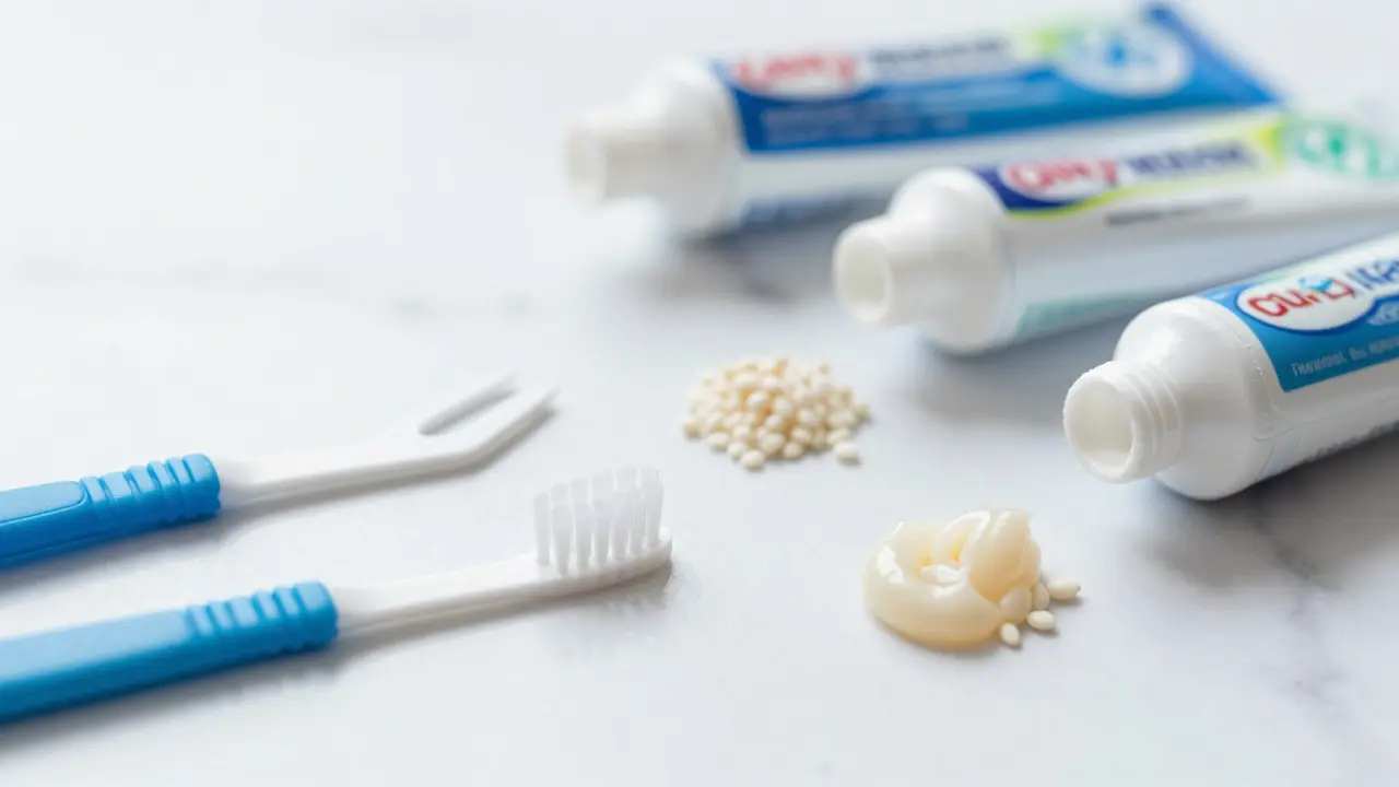 Dětské zubní nitě a pasty na bílém povrchu pro hygienu
