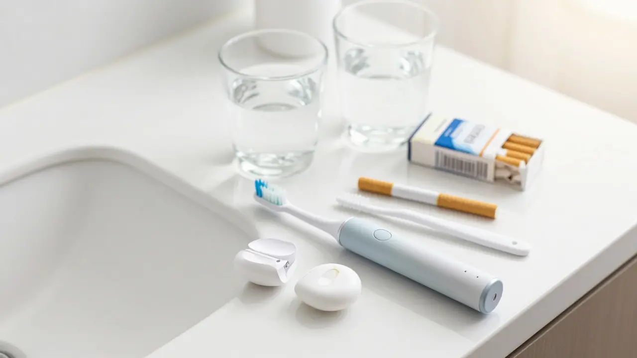Elektrická kartáčka a hygiena vedle zahozených cigaret