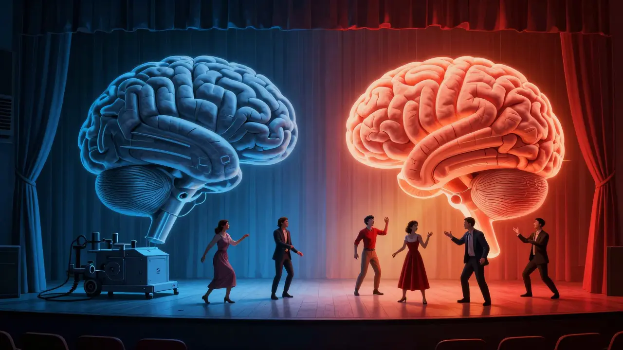 Konceptuální ilustrace mozku jako divadla: logika versus emoce ve snu
