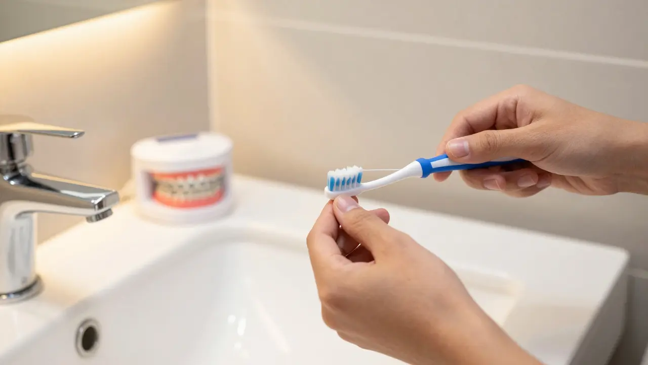 Osoba pečlivě čistí zuby s rovnátky a hygienickými pomůckami