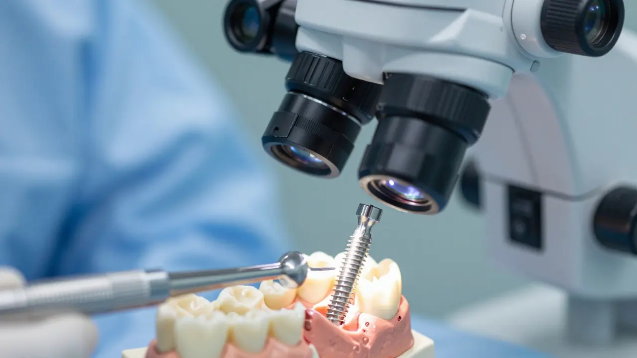 Detailní záběr na přesné umístění titanového zubního implantátu v operačním prostředí