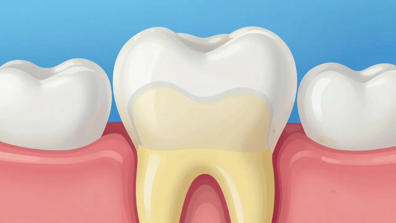 Makro záběr anatomie zubu ukazující email a žlutý dentin pod ním