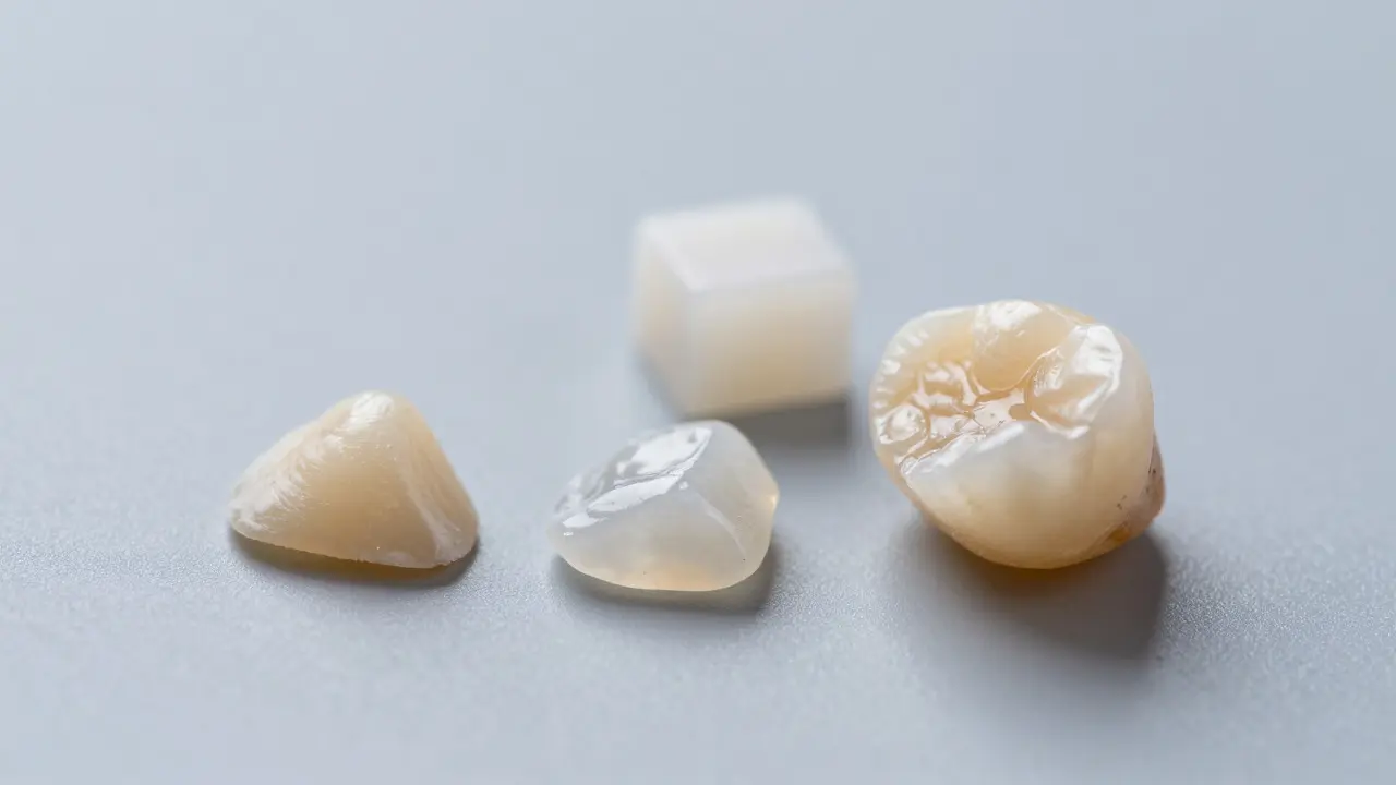 Materiály pro zubní výplně a korunky vedle úlomku zubu