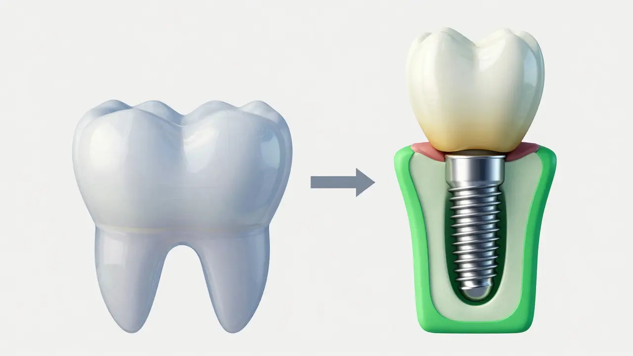 Porovnání zubního mostu a implantátu v 3D vizualizaci