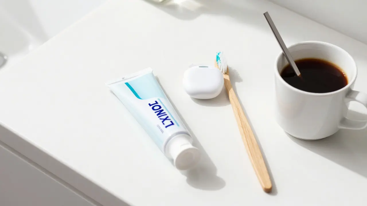 Produkt péče o zuby a káva na stole pro prevenci skvrn