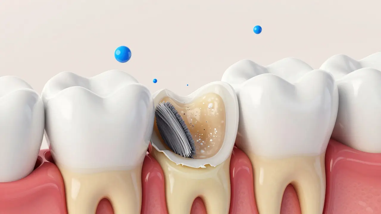 Schéma zubu ukazující email, dentin a abrazivní částice