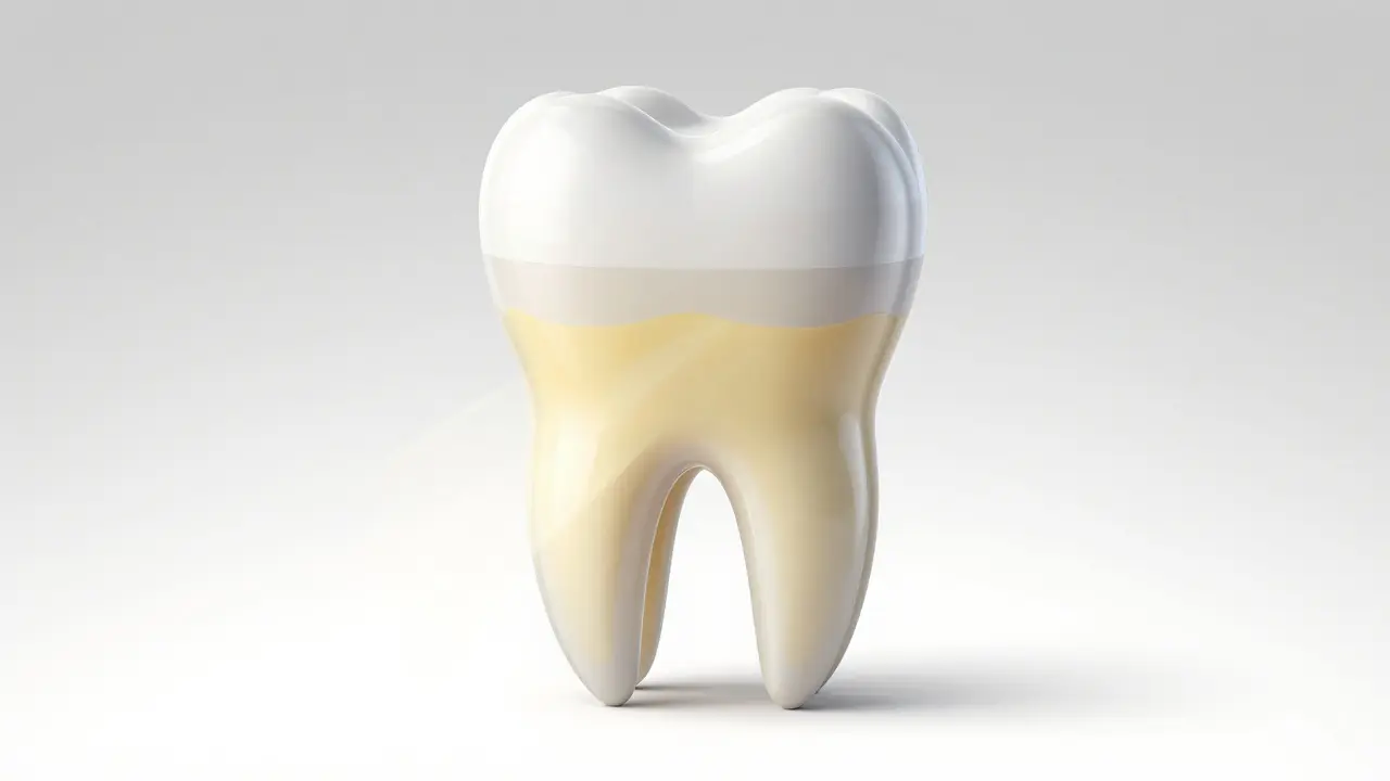 Schéma zubu ukazující sklovinu a žlutý dentin