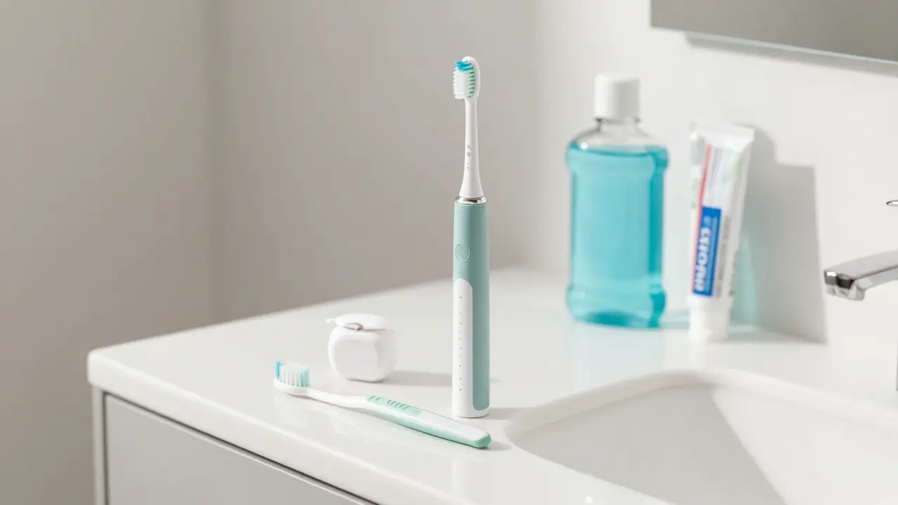 Zubní kartáček, nit a mezizubní kartáčky pro prevenci vzniku plaku