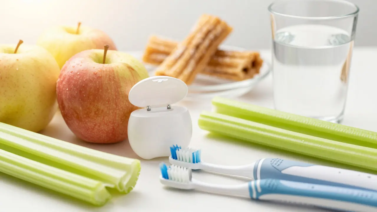 Zubní kartáček, nit a zdravé potraviny pro prevenci kazů