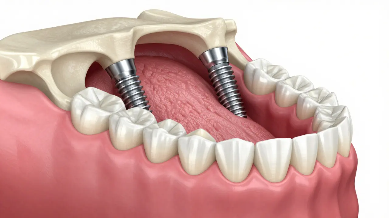 Anatomický pohled na titanové implantáty a zubní náhradu v čelisti