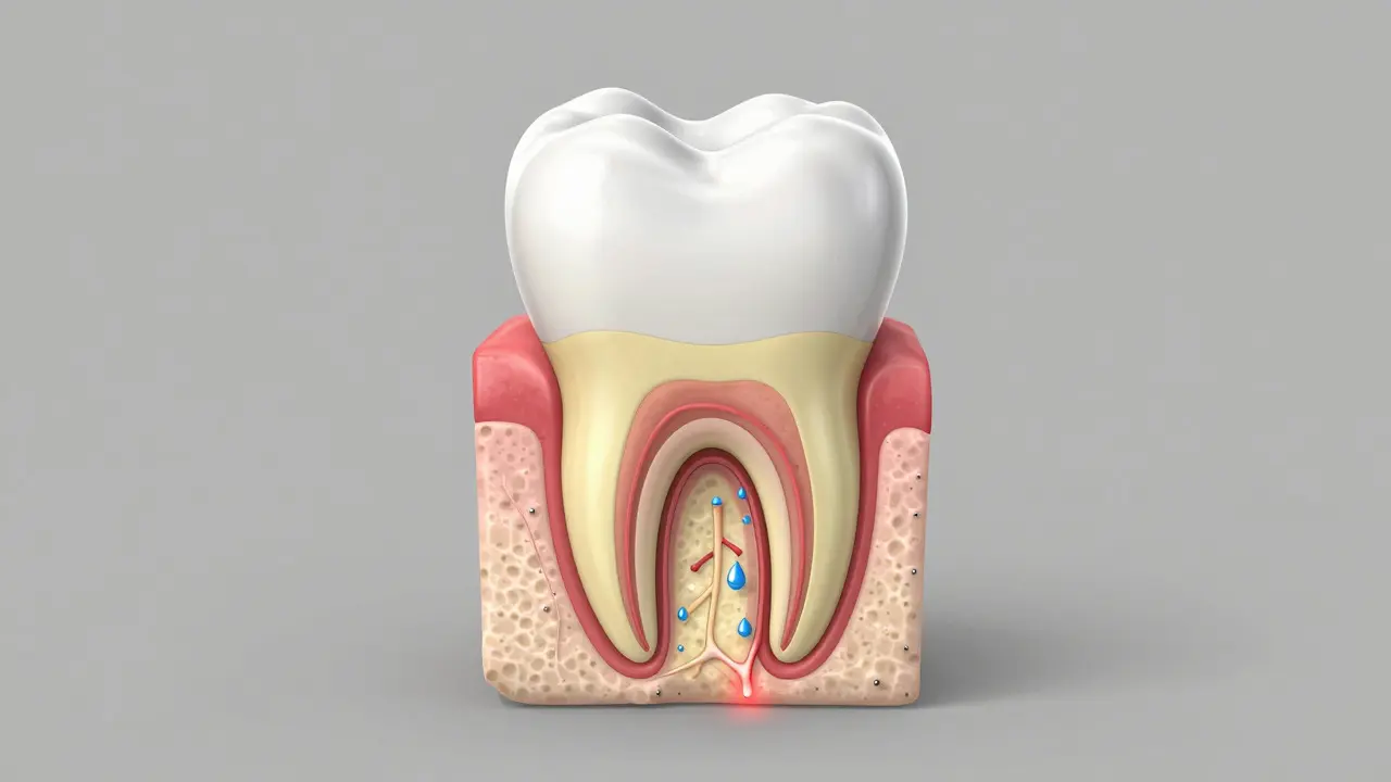 Anatomický řez zubem ukazující citlivost nervu