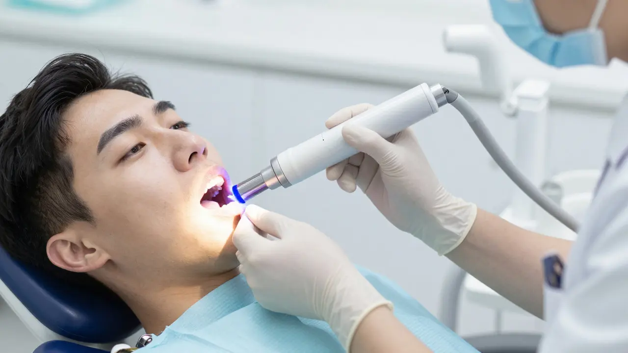 Dentist using transillumination light to diagnose a tooth