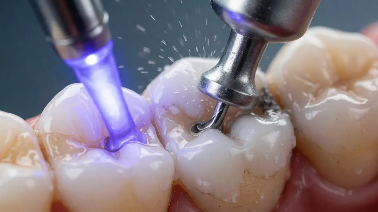 Detailní pohled na broušení zubu a vytvrzování výplně UV lampou