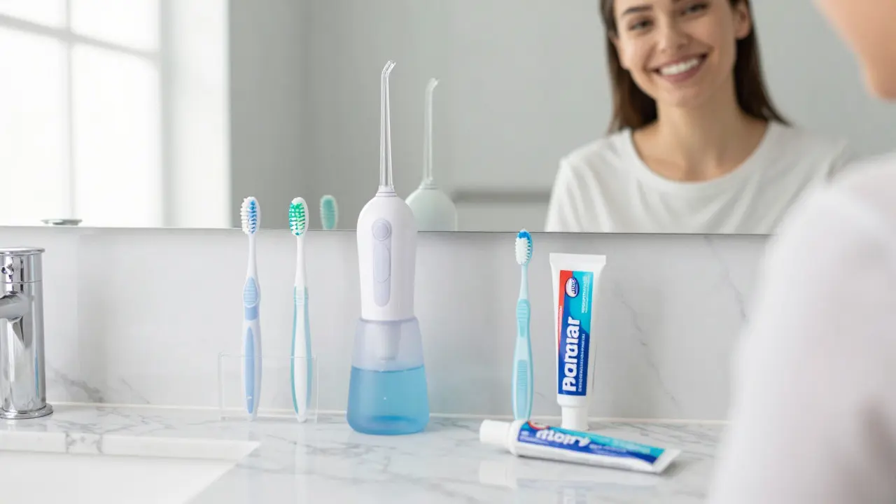 Hygienické pomůcky pro péči o mezery mezi zuby na umyvadle