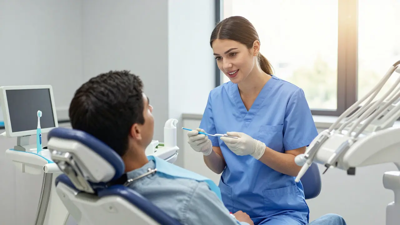 Zubní hygienista vysvětluje péči o zuby pacientovi v ordinaci