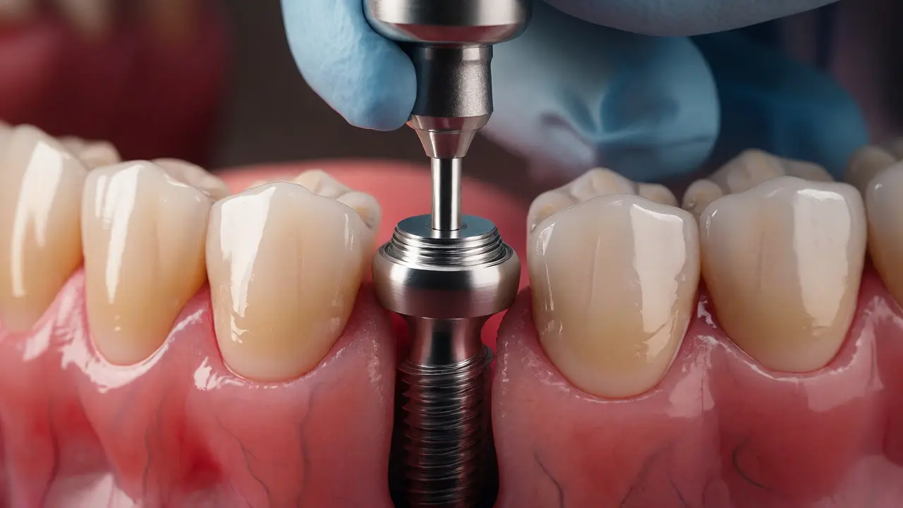 Detailní pohled na zavádění titanového zubního implantátu do dásně pomocí vrtáku.