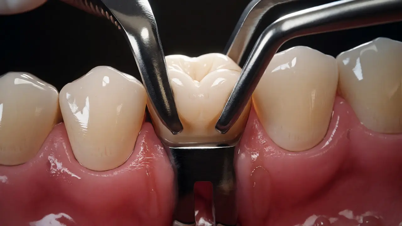 Detailní záběr na dentální kleště při trhání zubu
