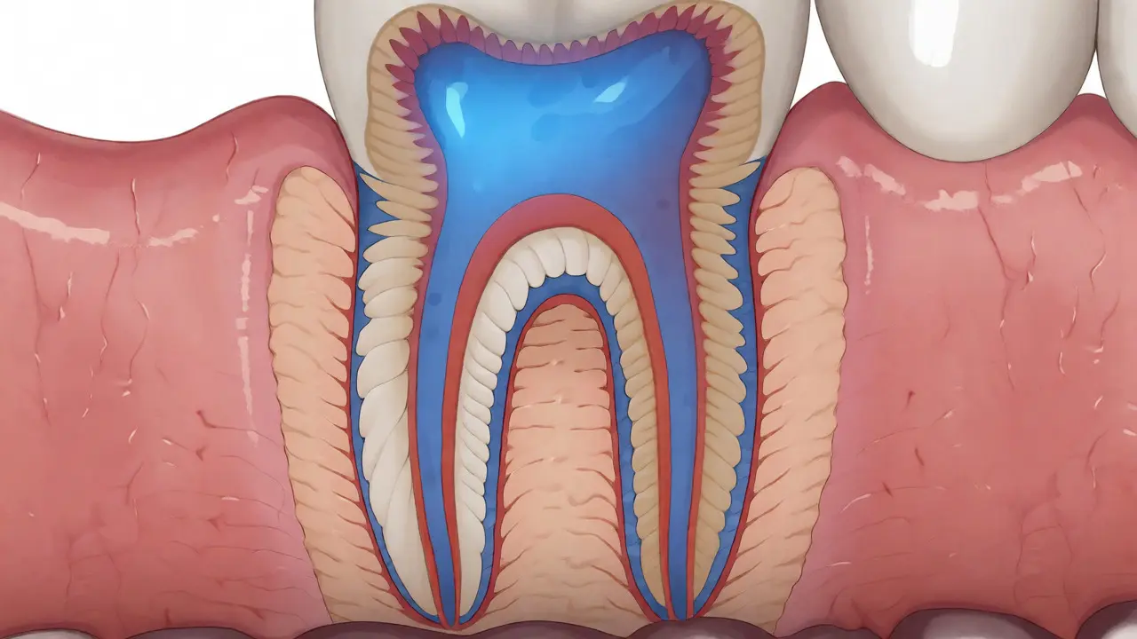 Ilustrace hojícího se zubního nervu a tvorby sekundárního dentinu pod korunkou.