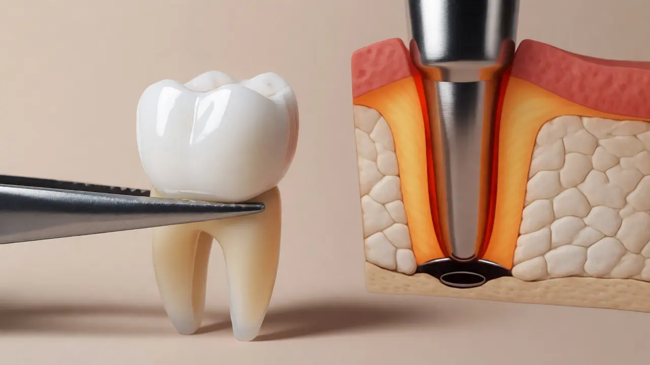 Keramická korunka držená pinzetou vedle grafiky znázorňující srůstání kosti s implantátem.