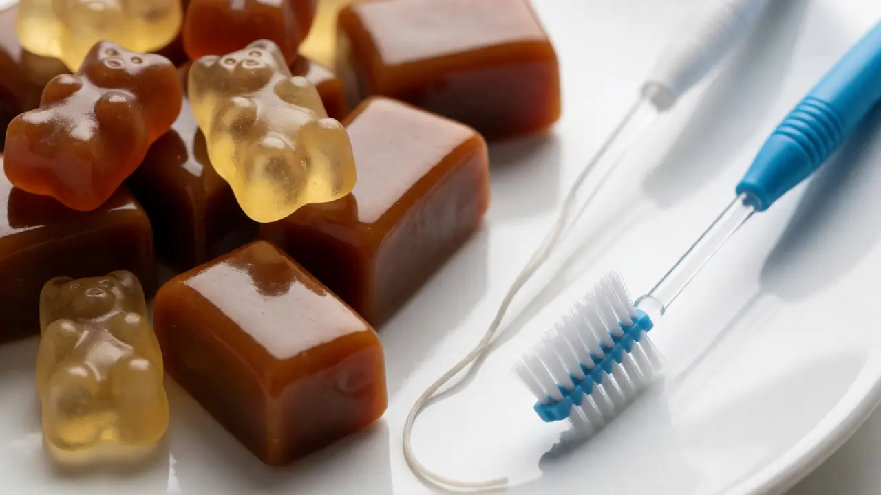 Lepkavé karamely a čisticí pomůcky na zubní hygienu