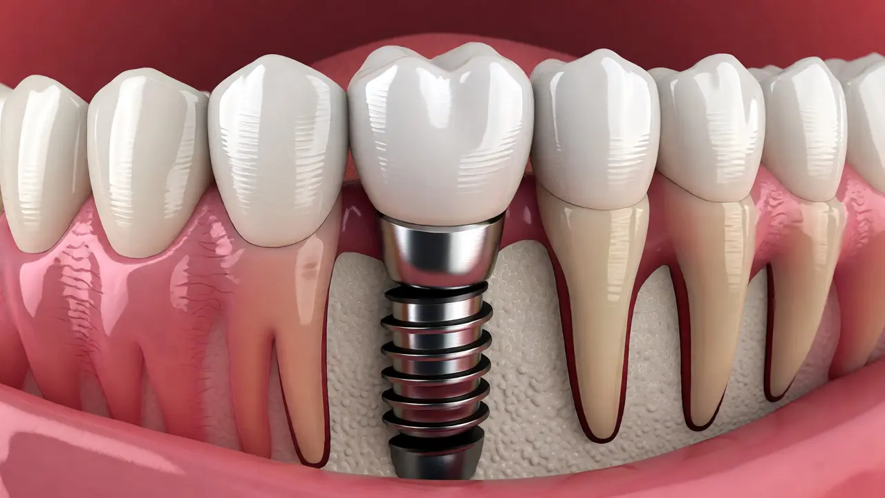 Řez zubním implantátem ukotveným v čelistní kosti